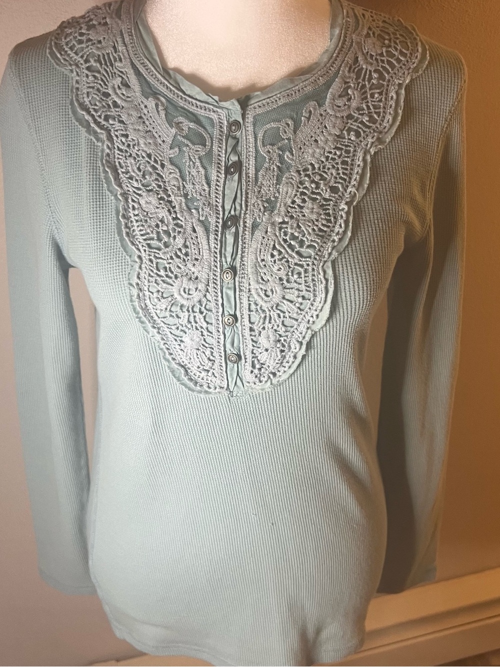 Eddie Bauer Light Blue Waffle Knit Thermal Lace Bib Henley Top